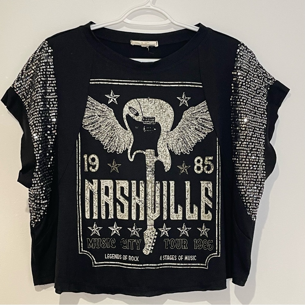 Pie in The Sky Black Nashville Graphic Tee Sequin Party Festival Concert Cowgirl